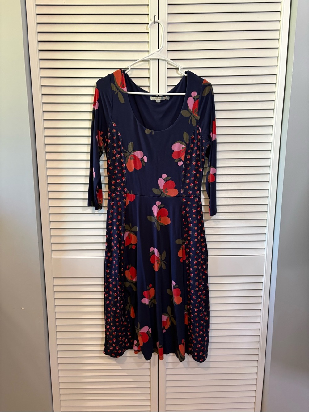Boden Navy Midi Dress Red Pink Women's 8R Alannah Jersey Floral Dress Scoop Neck